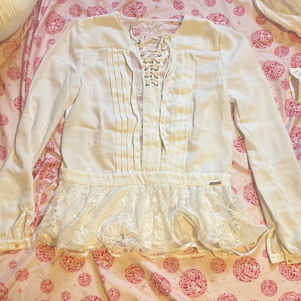 Guess White Lace-Up Peplum Blouse